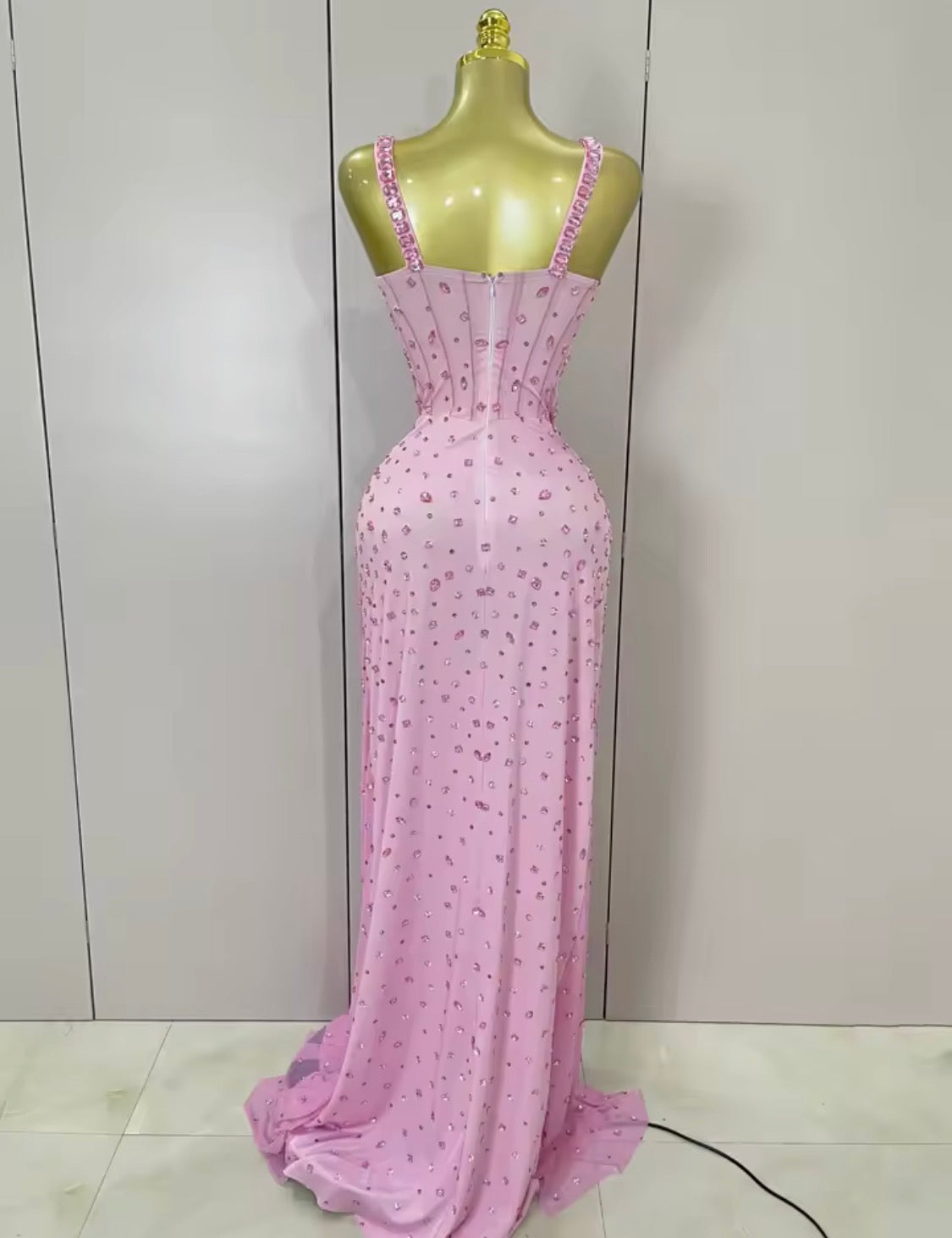 Pink Crystal Rhinestone Evening Gown, Formal Prom Dress, Glamour Bodycon Corset Maxi Dress, Sparkly Birthday Gala Dress, High Slit Gown