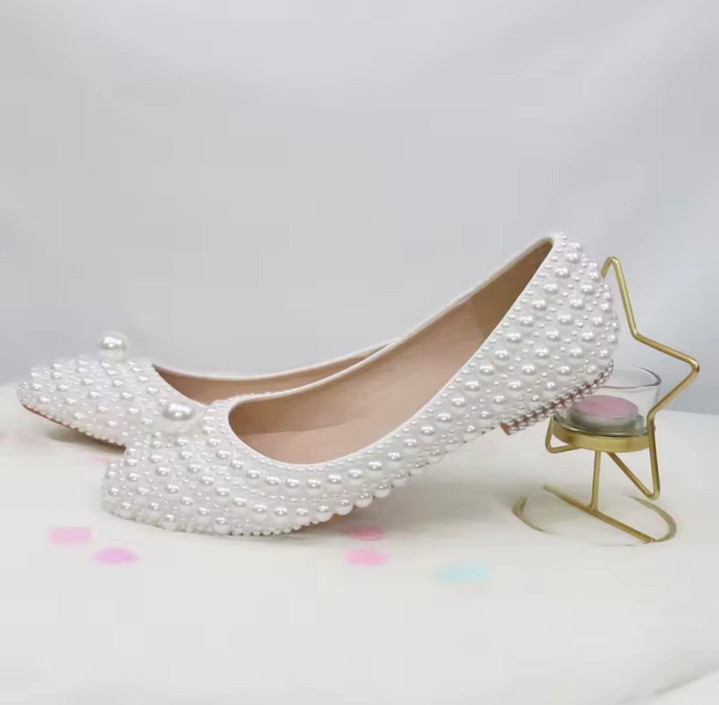 Pearl Wedding Shoes and Matching Clutch Set, Bridal Stilettos or Flats, Beaded Wedding Heels, Custom Bride Handbag and Shoes