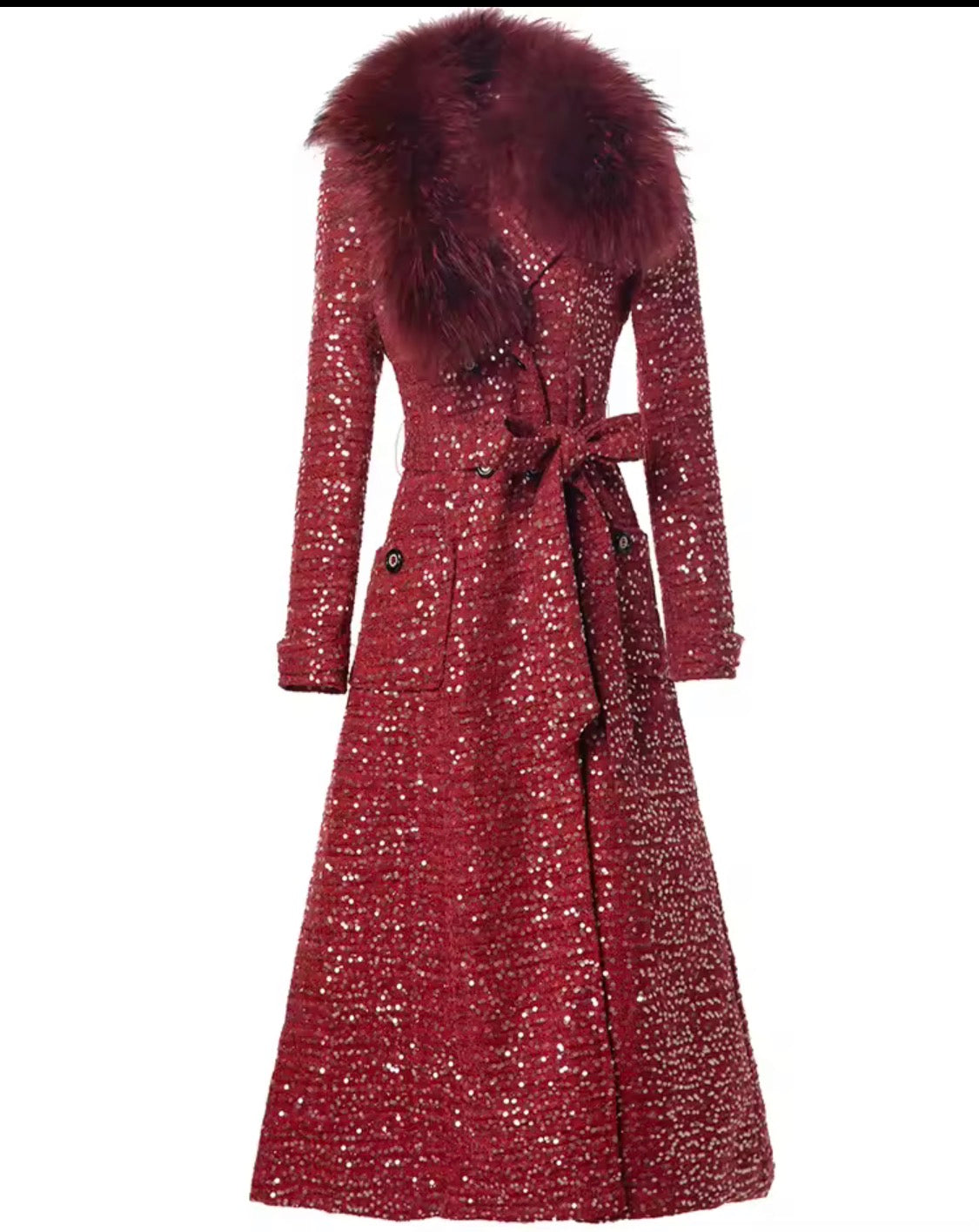 Elegant Sparkly Tweed Long Sequin Trench Belted Evening Overcoat with fur collar