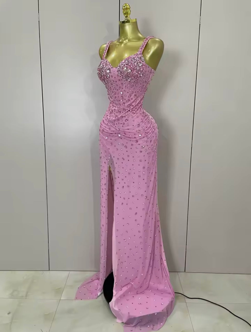 Pink Crystal Rhinestone Evening Gown, Formal Prom Dress, Glamour Bodycon Corset Maxi Dress, Sparkly Birthday Gala Dress, High Slit Gown