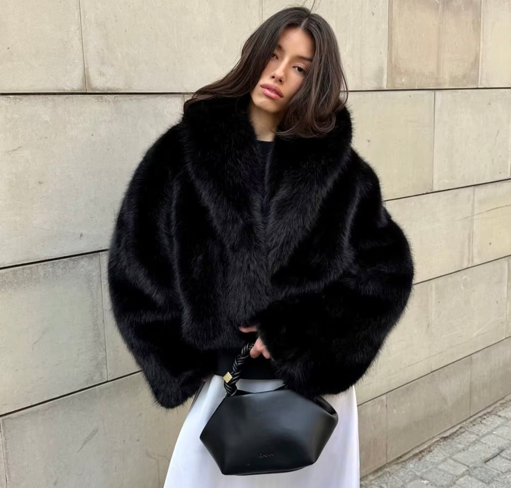 Luxury Faux Fur Hooded Crop Coat – Plush Winter Outerwear, Oversized Hood Designer Jacket for Women