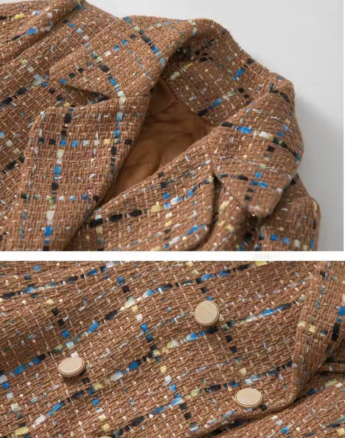 Women’s Long Tweed Plaid Trench Coat, Double-Breasted Winter Overcoat with Faux Fur Cuffs, Elegant Vintage Midi Jacket