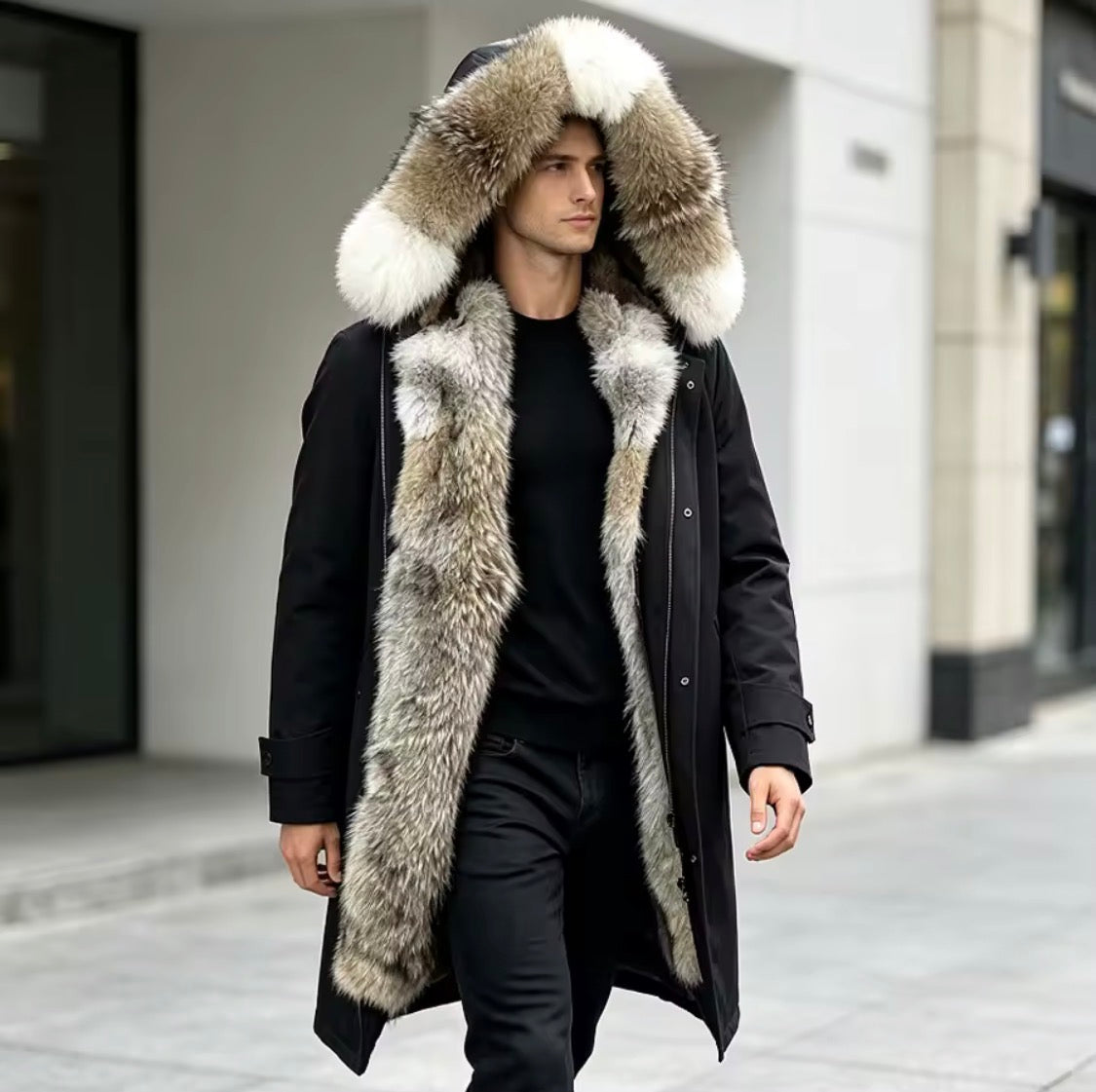 Men's Real Coyote Fur Parka – Luxury Winter Hooded Jacket with Genuine Fur Trim