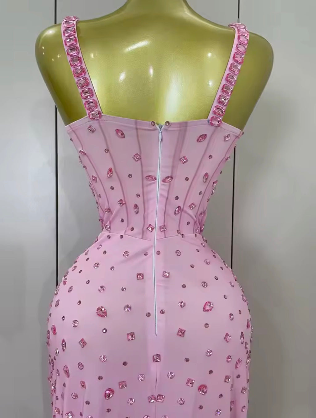 Pink Crystal Rhinestone Evening Gown, Formal Prom Dress, Glamour Bodycon Corset Maxi Dress, Sparkly Birthday Gala Dress, High Slit Gown