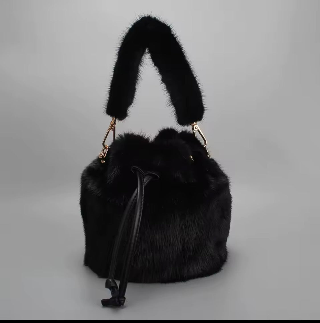 Luxury 3-Piece Real Fur Set: Genuine Rabbit Fur Hooded Vest, Mink Fur Bucket Bag, and Matching Mink Fur Arm Warmers