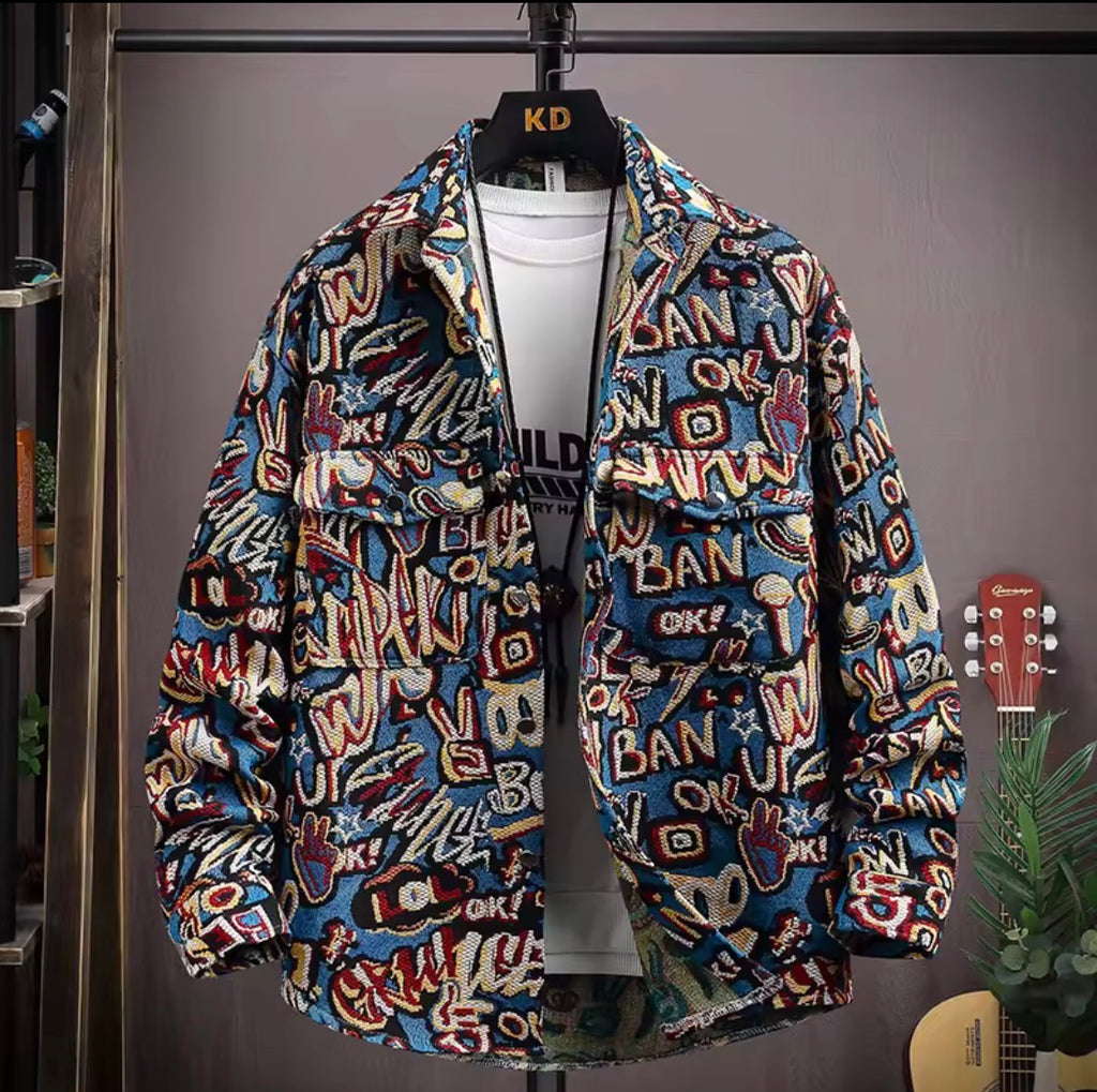 Thick Retro Men's Tapestry Jacket | Vintage Inspired Graffiti and Solar System Streetwear Shacket | Heavyweight Patterned Button-Down Coat