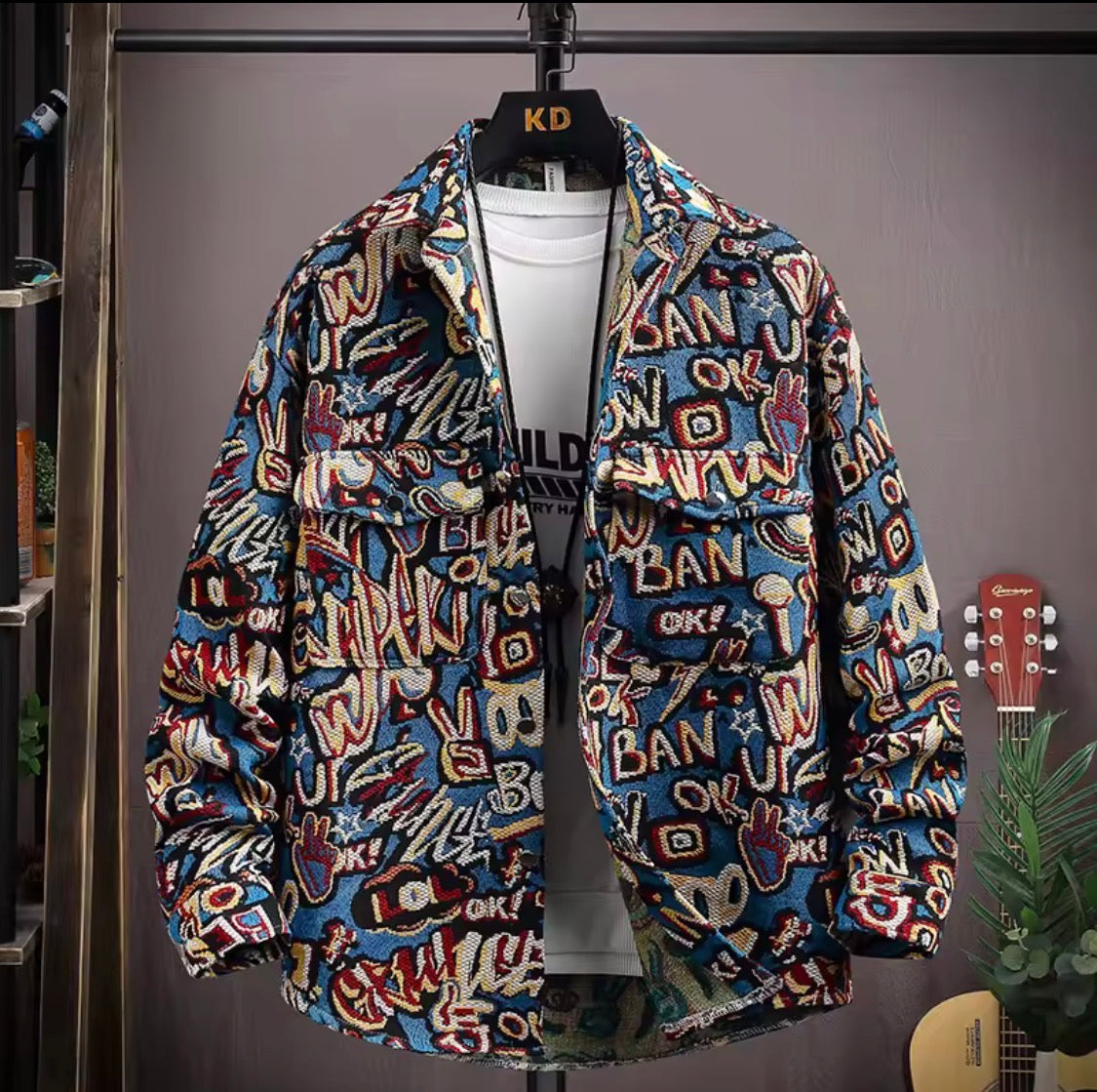 Thick Retro Men's Tapestry Jacket | Vintage Inspired Graffiti and Solar System Streetwear Shacket | Heavyweight Patterned Button-Down Coat