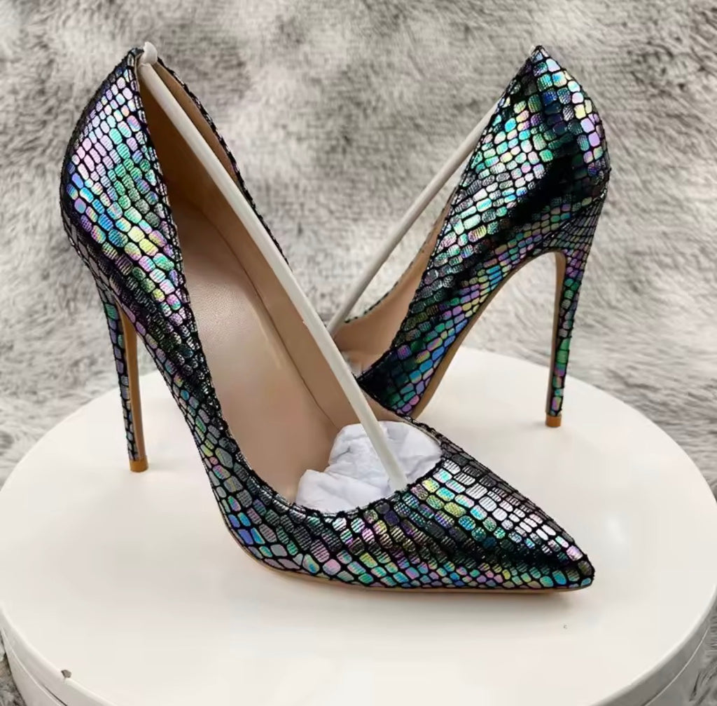 Iridescent Metallic Snake-Scale High Heels, Pointed Toe Stilettos