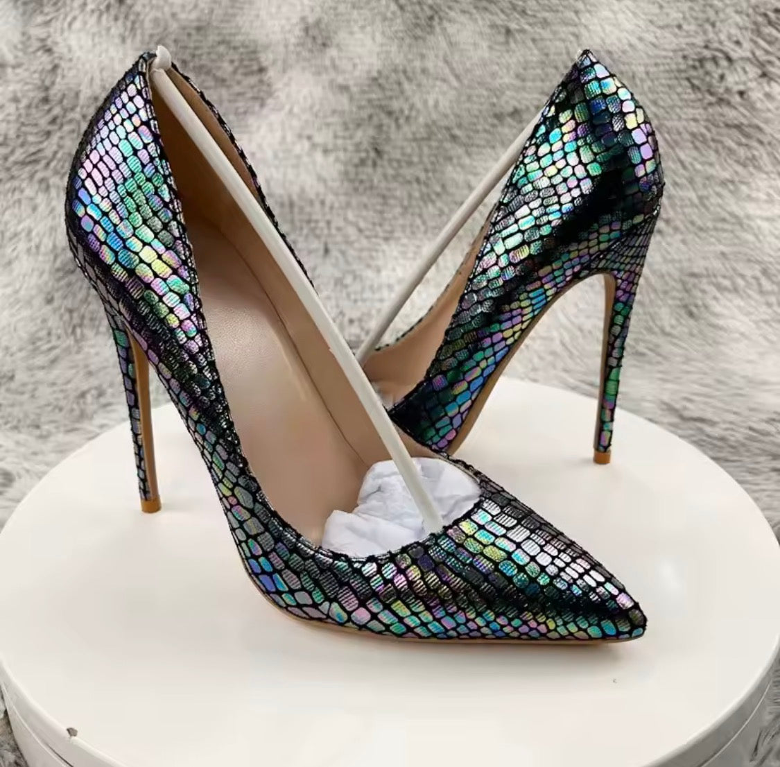 Iridescent Metallic Snake-Scale High Heels, Pointed Toe Stilettos
