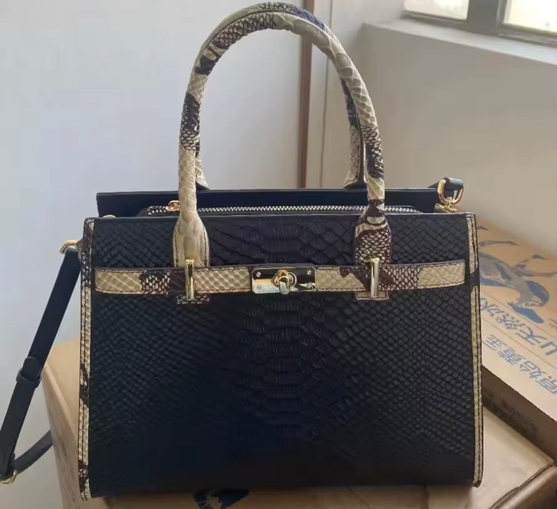 Black Snake Pattern Leather Business Bag