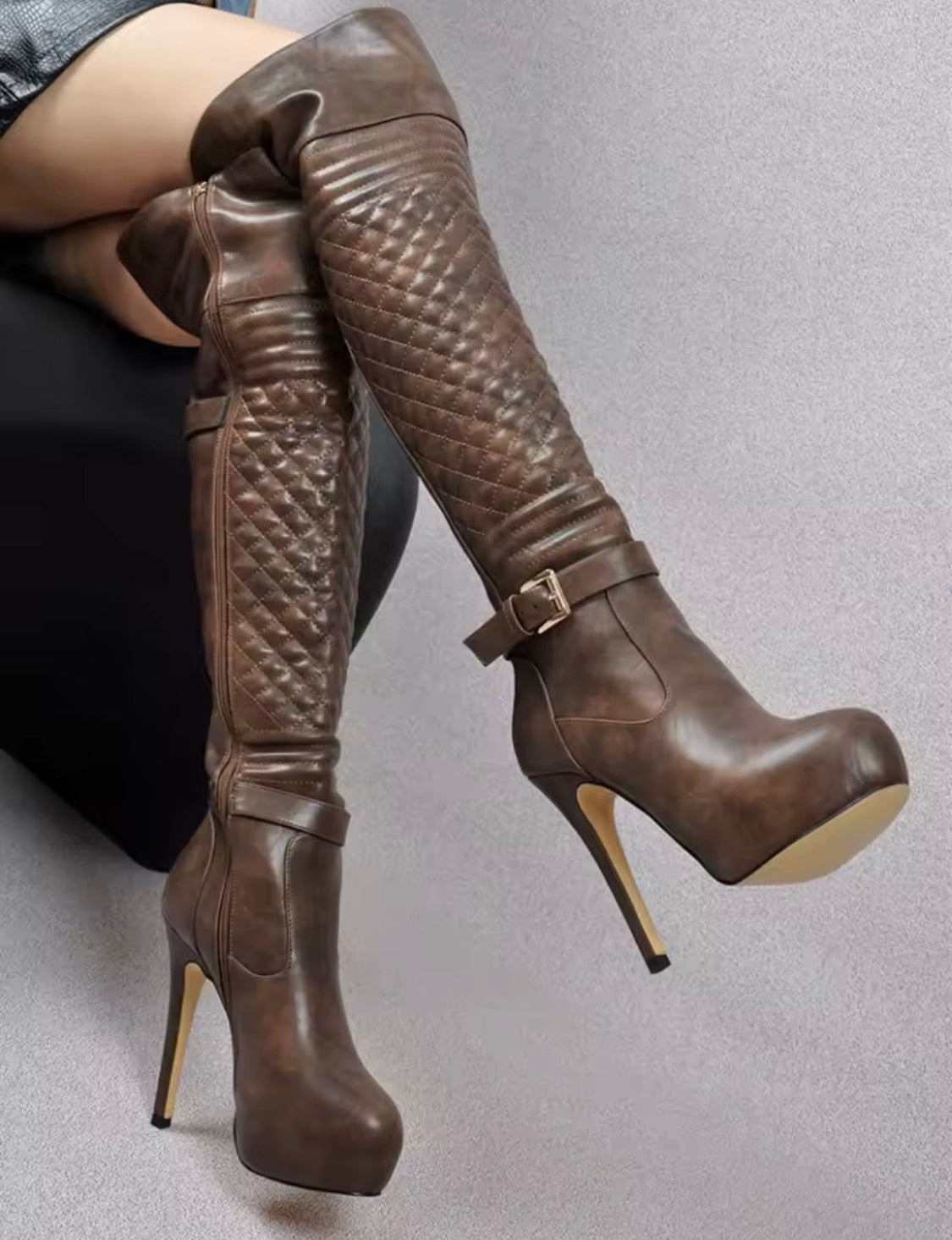 Women’s Over the Knee Platform Boots – Quilted High Heel Stiletto Thigh High Riding Boots with Ankle Buckle & Side Zipper