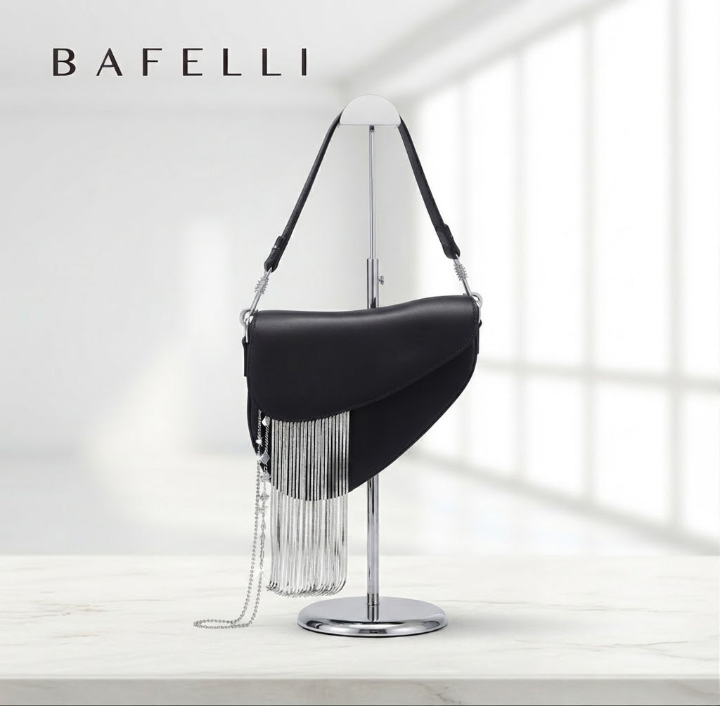 Bafelli Black Saddle Bag with Crystal Fringe & Silver Chain | Luxury Designer Handbags