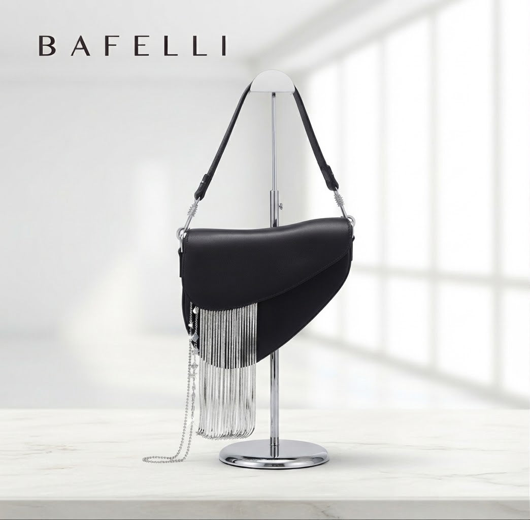 Bafelli Black Saddle Bag with Crystal Fringe & Silver Chain | Luxury Designer Handbags