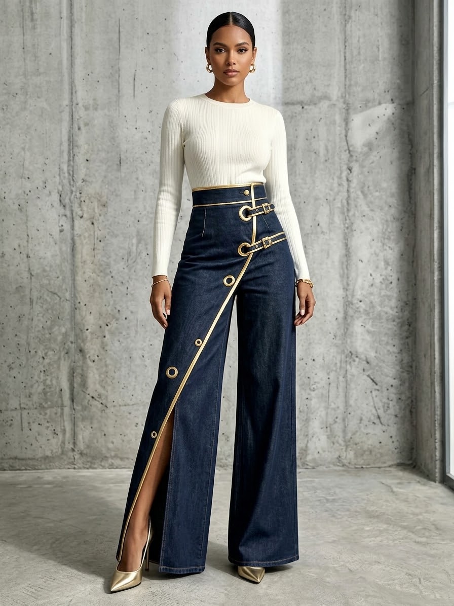 High Waisted Denim Collection - Gold Trim Wide Leg Pants & Asymmetric Midi Skirt with Buckle & Grommet Detail