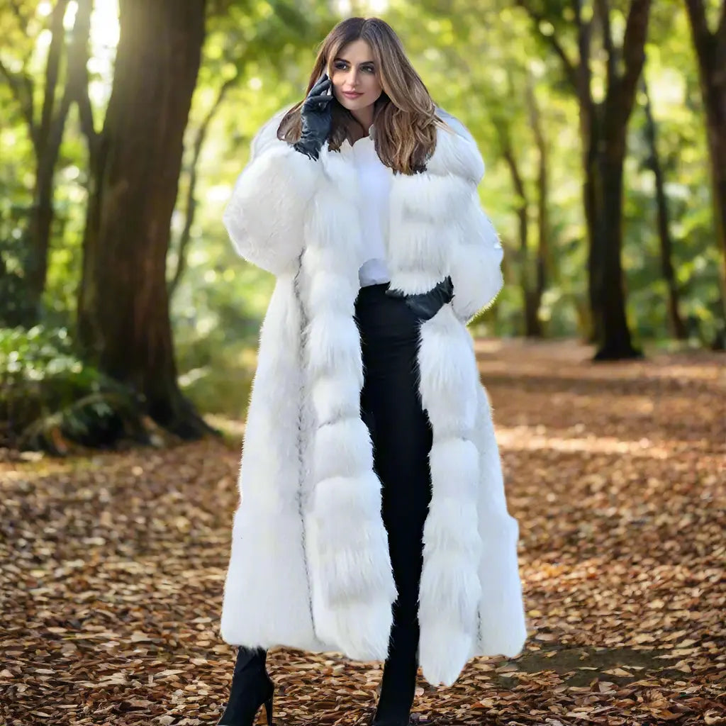 Women's Long Style White Long Fur Coat Dropshipman