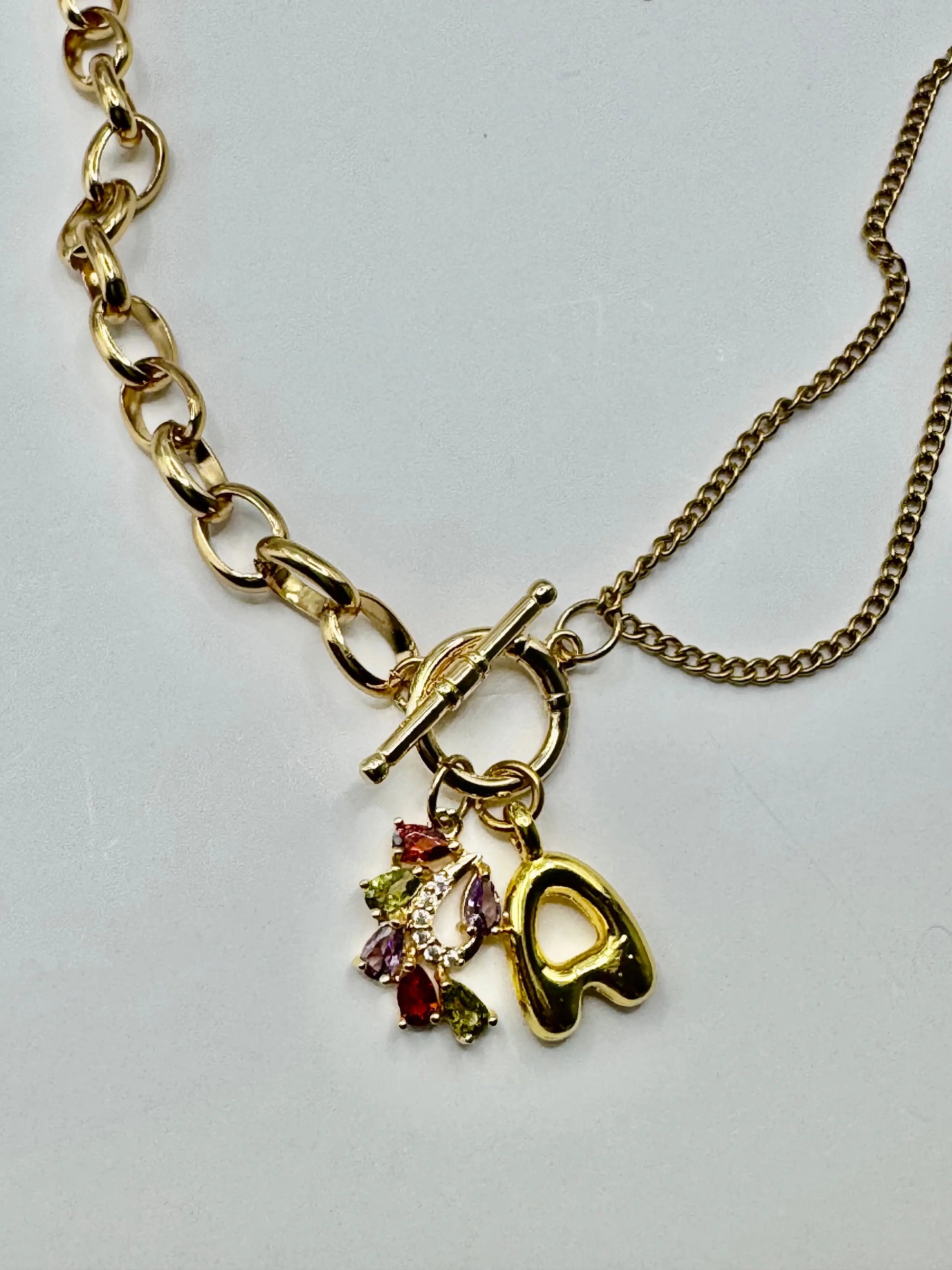 18K Gold PVD Initial Necklace with Multi-Color Gemstone Charms | Toggle Clasp Non-Tarnish Chain - JNi3 shop