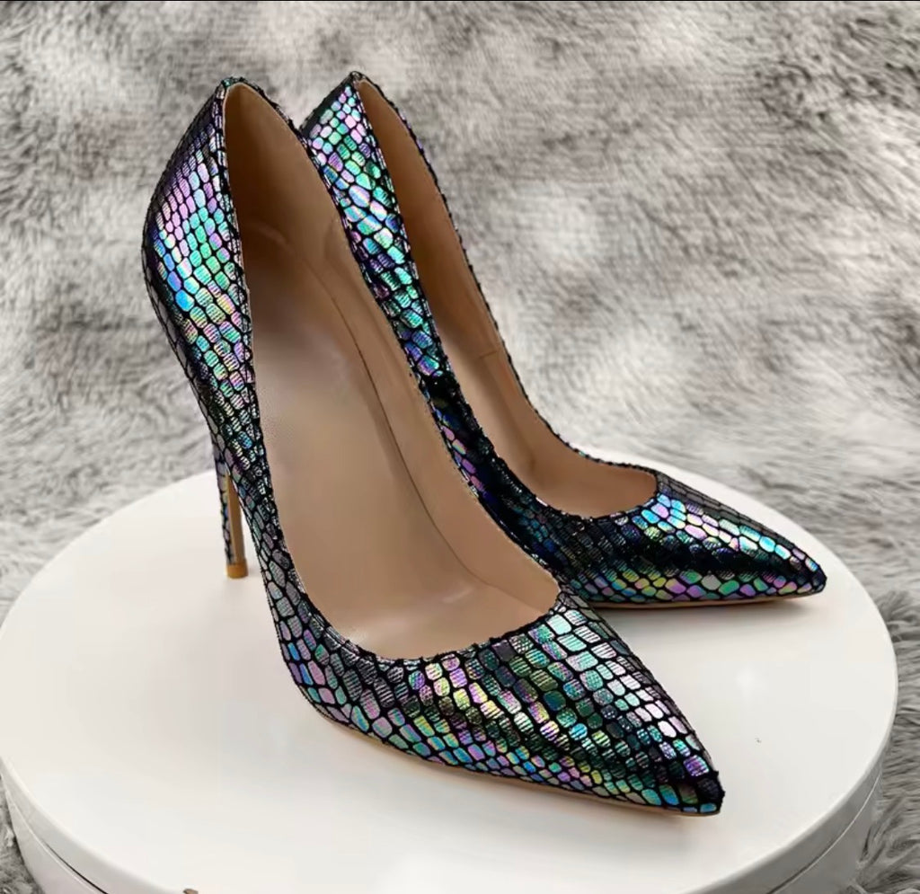 Iridescent Metallic Snake-Scale High Heels, Pointed Toe Stilettos