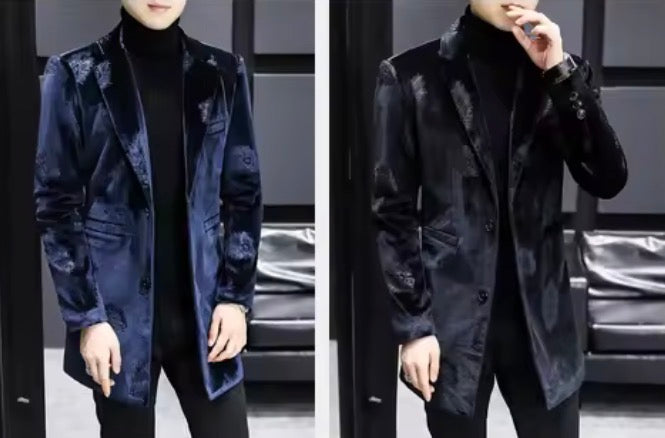 Men's Luxury Velvet Feather Embossed Longline Blazer | Slim Fit Mid-Length Tuxedo Jacket Coat in Black & Royal Blue