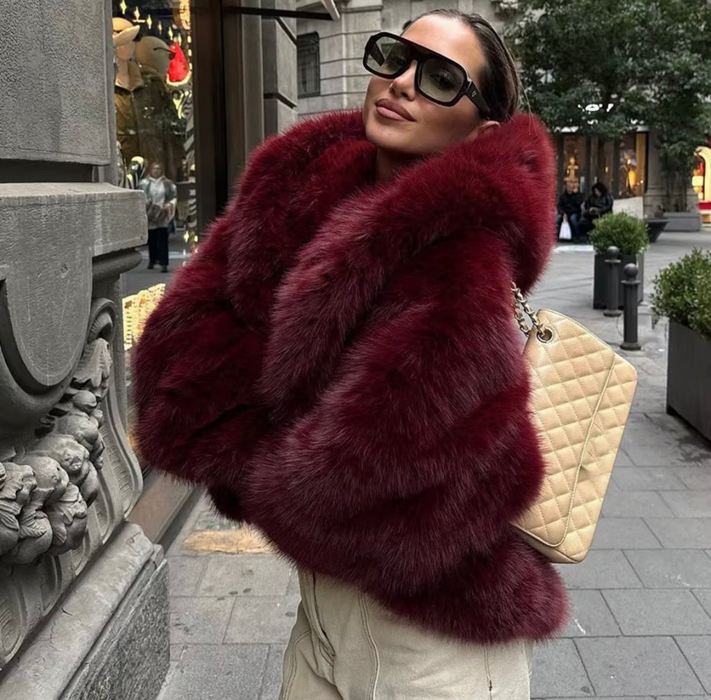 Luxury Faux Fur Hooded Crop Coat – Plush Winter Outerwear, Oversized Hood Designer Jacket for Women