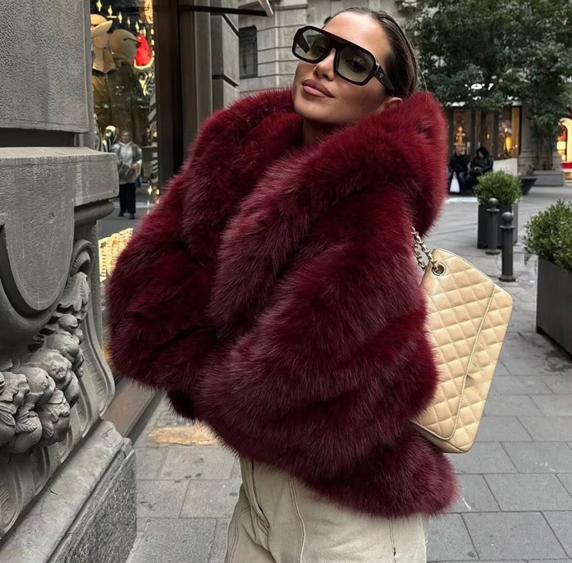 Luxury Faux Fur Hooded Crop Coat – Plush Winter Outerwear, Oversized Hood Designer Jacket for Women