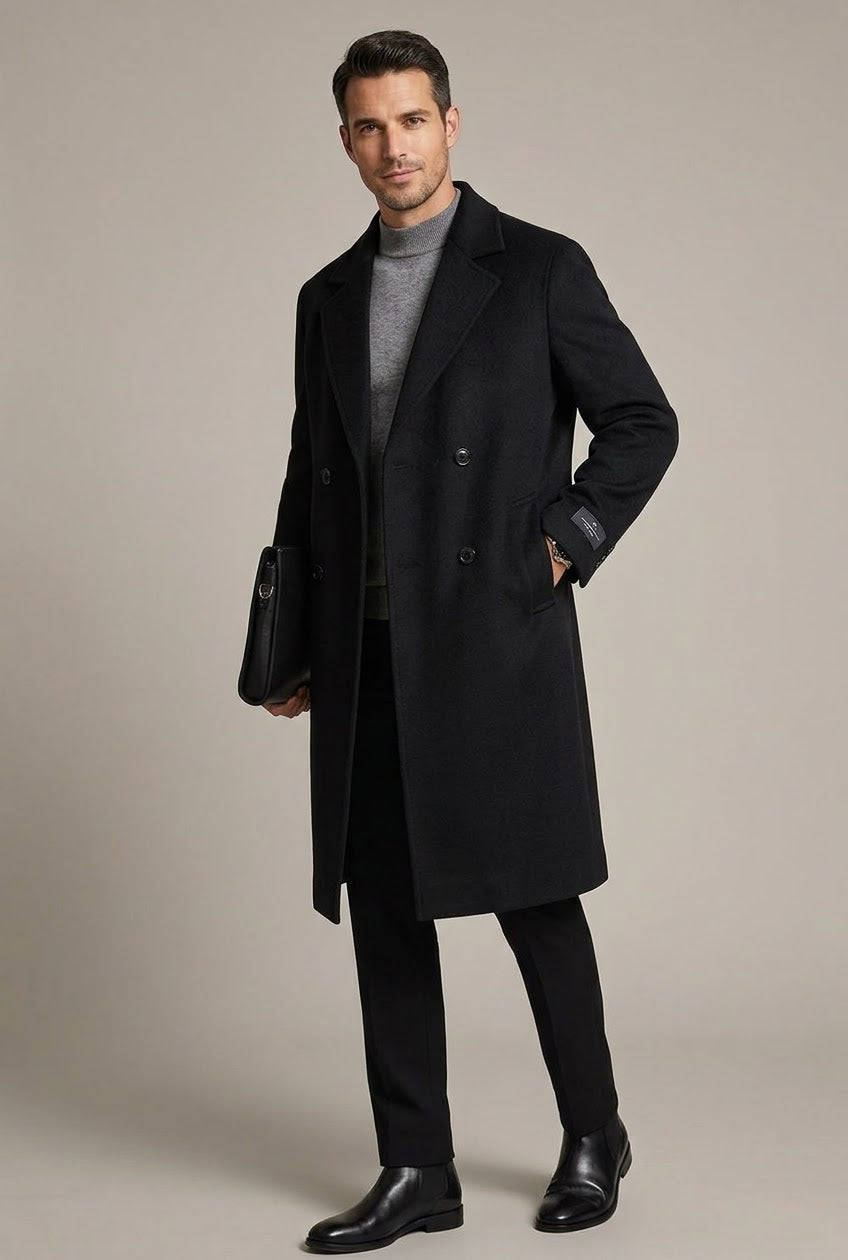 Men's 100% Cashmere Coat]Long Double Sided Overcoat]Classic Double Breasted Winter Trench Jacket]Formal Luxury Outerwear