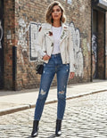 Women's Vintage Floral Embroidered Faux Leather Moto Jacket – Studded Asymmetric Biker Coat