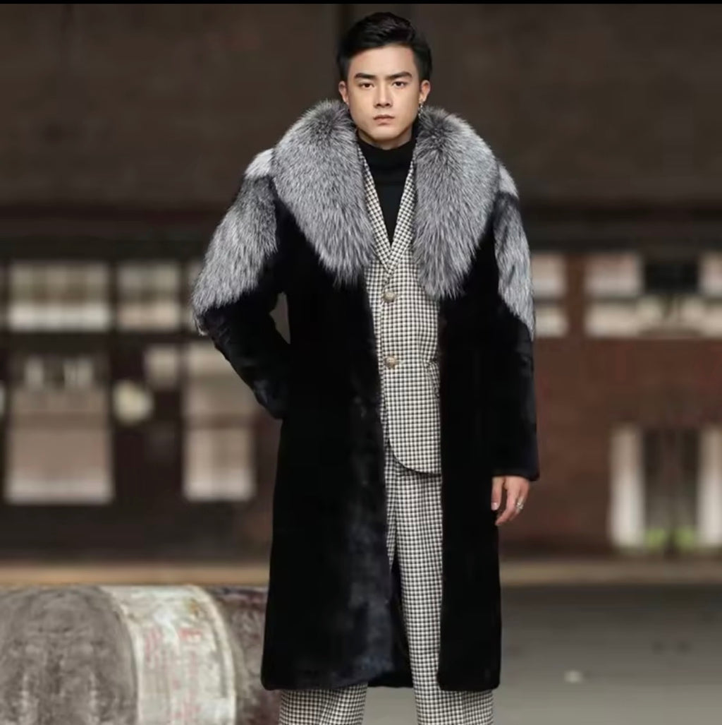 Luxury Faux Fur Long Coat for Men with Silver Fox Collar