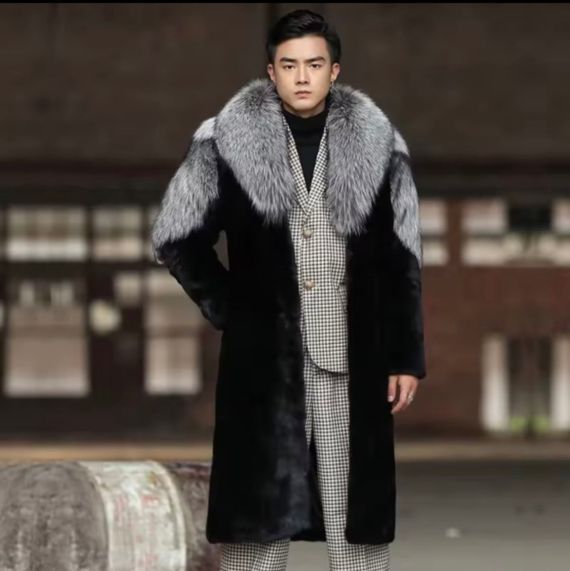 Luxury Faux Fur Long Coat for Men with Silver Fox Collar