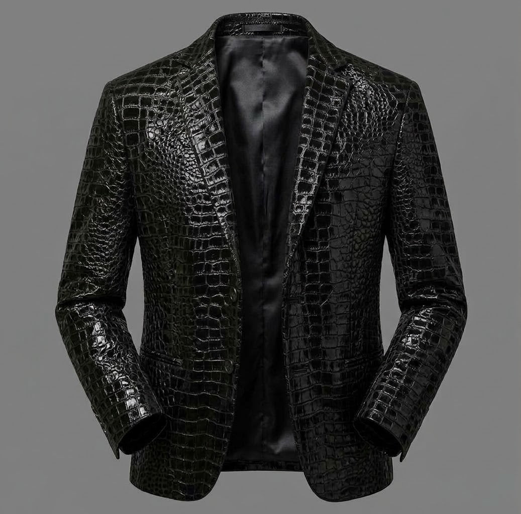 Men's Genuine Sheepskin Leather Blazer Jacket, Luxury Textured Pattern Slim Fit Sport Coat, Black Leather Tuxedo Blazer for Men, Gift for Him