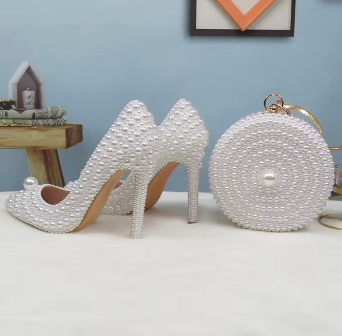 Pearl Wedding Shoes and Matching Clutch Set, Bridal Stilettos or Flats, Beaded Wedding Heels, Custom Bride Handbag and Shoes