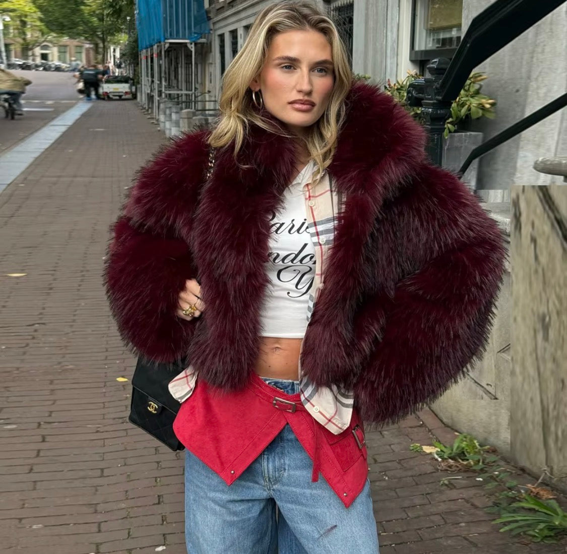 LuxePlush™ Cropped Faux Fur Jacket – Women's Glam Oversized Coat