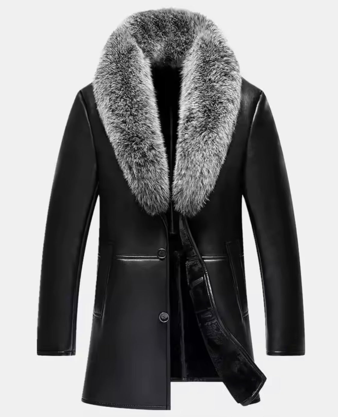 Men’s Real Sheepskin Leather Coat Mid-Length Winter Jacket with Fox Fur Collar and Plush Fur Lining