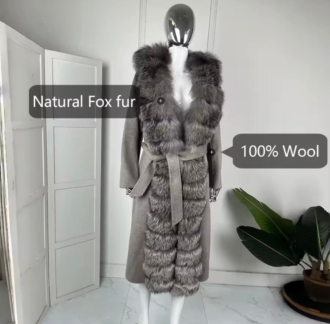 Long Luxury Wool & Cashmere Blend Coat for Women – Winter Warmth with a Genuine Silver Fox Fur Trim & Belted Waist