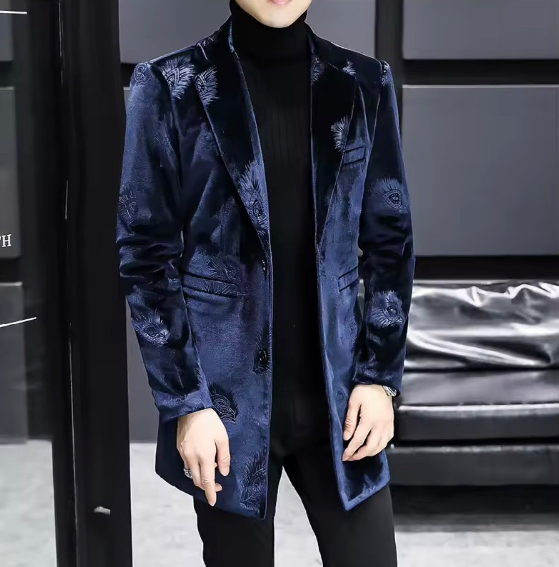 Men's Luxury Velvet Feather Embossed Longline Blazer | Slim Fit Mid-Length Tuxedo Jacket Coat in Black & Royal Blue