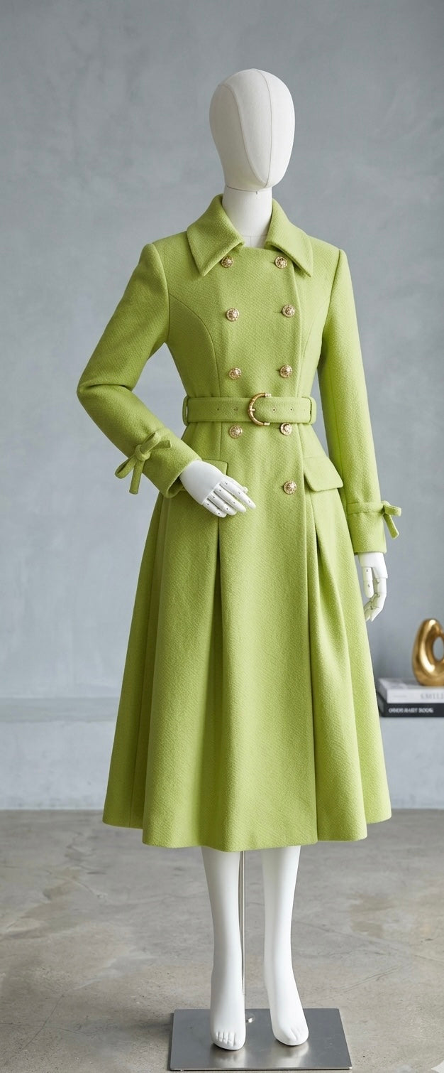 Lime Green Double Breasted Elegant Pleated A-Line Belted Woolen Trench Coat