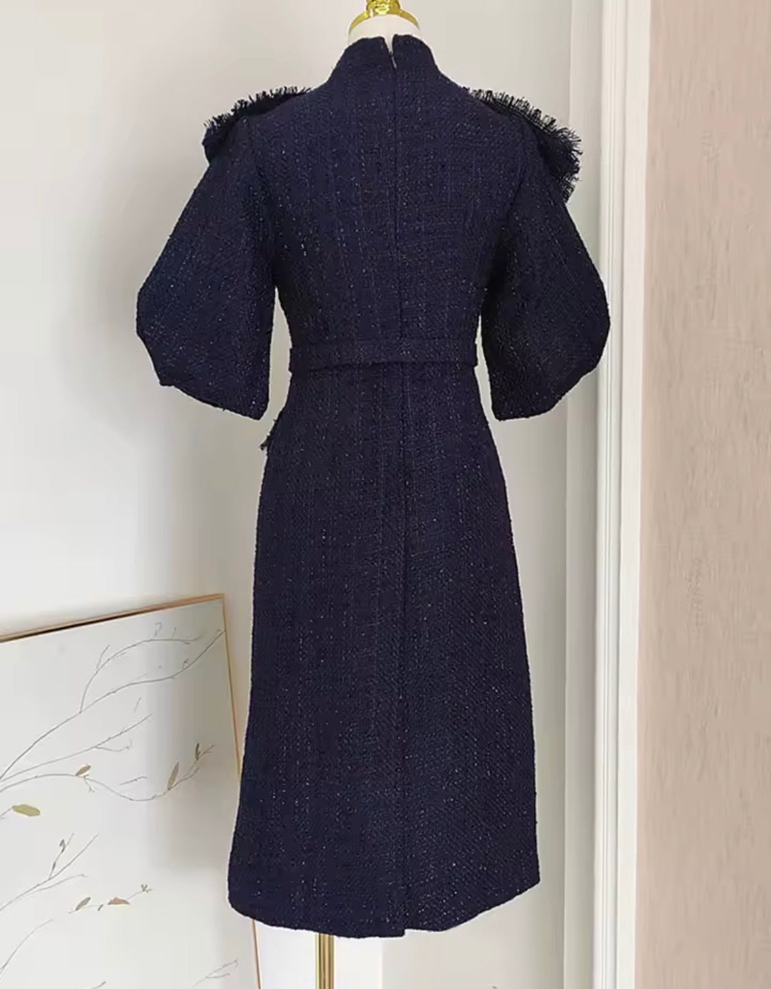 Navy Blue Tweed Belted Midi Dress and Pointed-Toe 12cm Stiletto Pump Set | 2-Piece