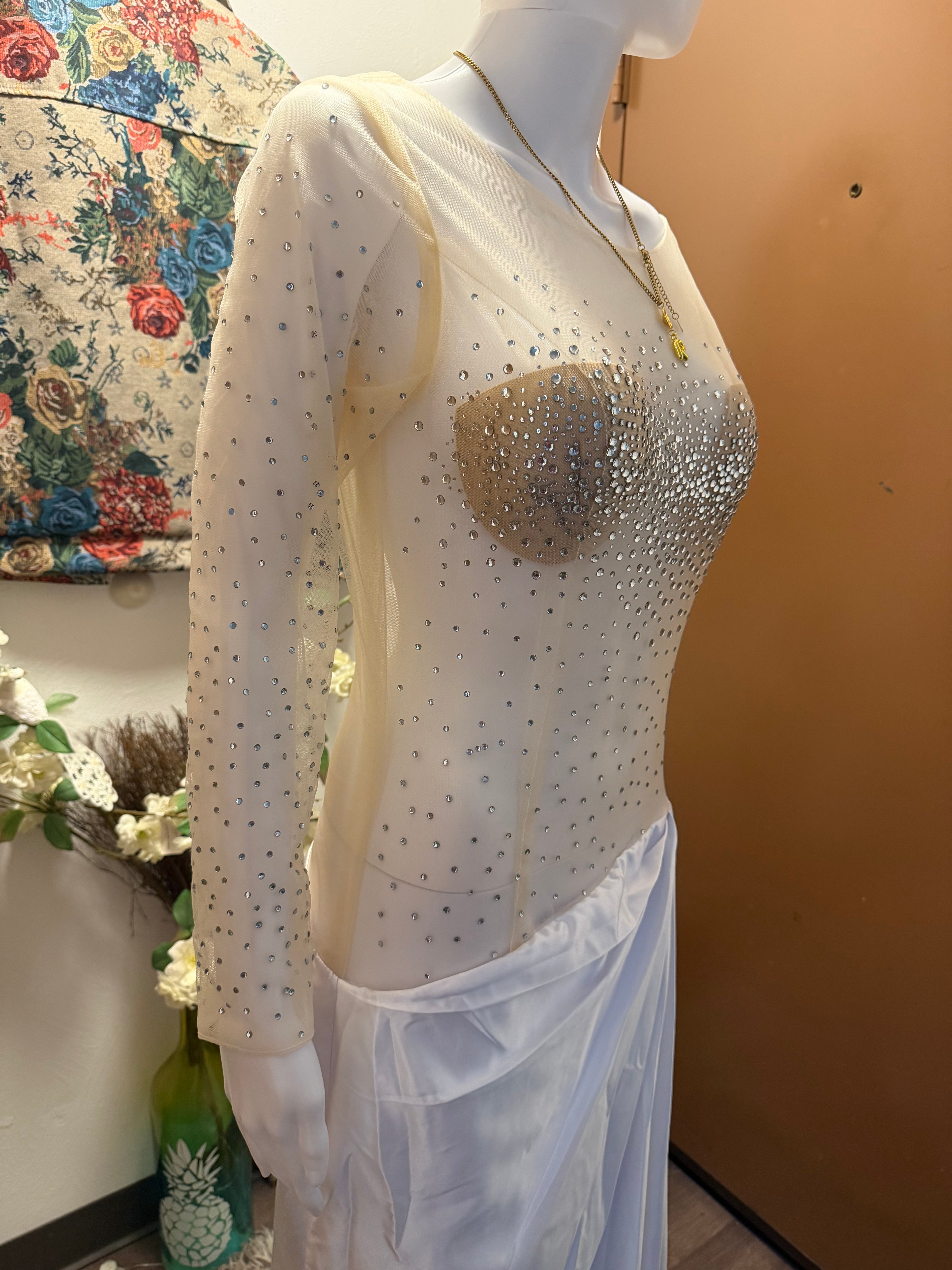 Custom Illusion Beaded Wedding Dress, Sheer Luxury Bridal Gown, Mermaid Silhouette with jewelry set