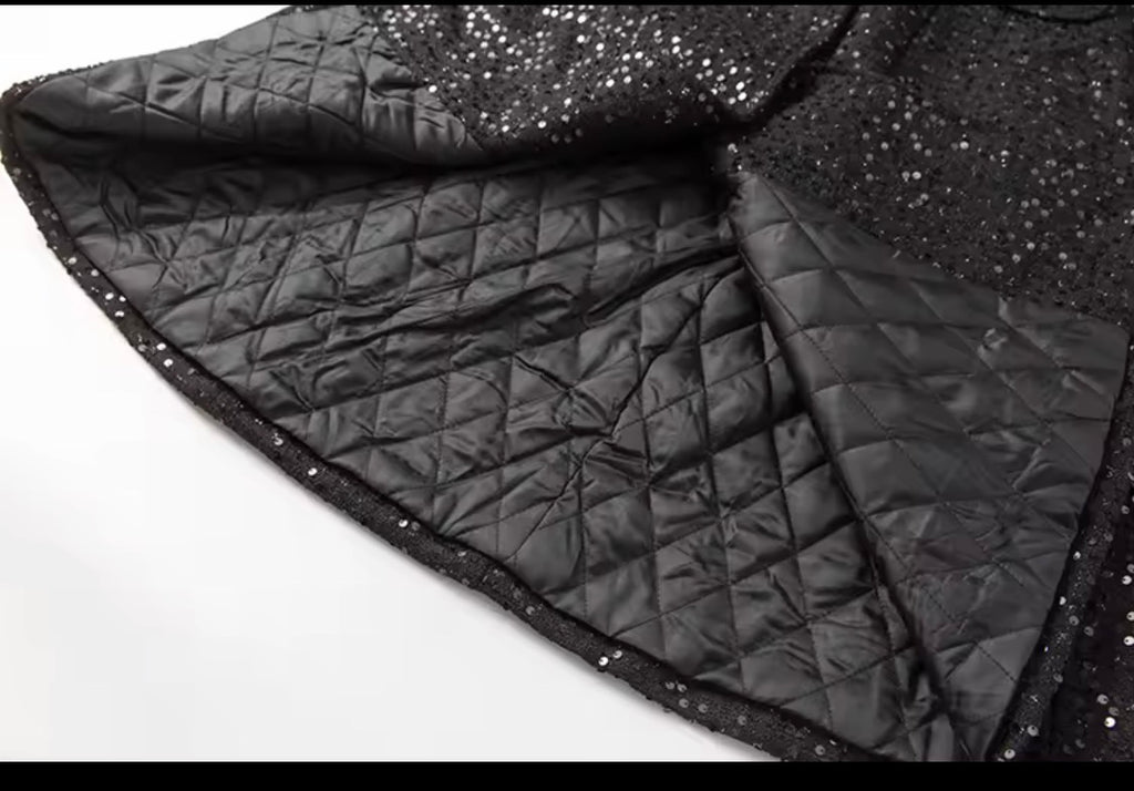 Elegant Sparkly Tweed Long Sequin Trench Belted Evening Overcoat with fur collar