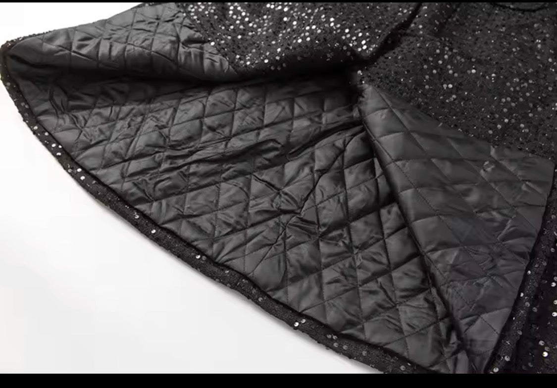 Elegant Sparkly Tweed Long Sequin Trench Belted Evening Overcoat with fur collar