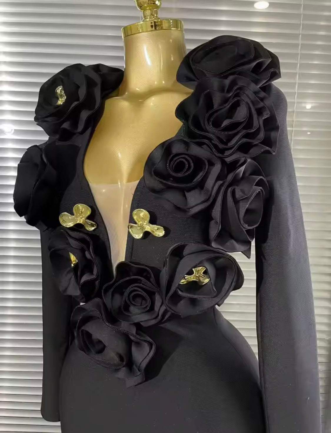 Luxury 3D Rose Floral Accent Long Sleeve Maxi Bandage Dress – Elegant Evening Gown