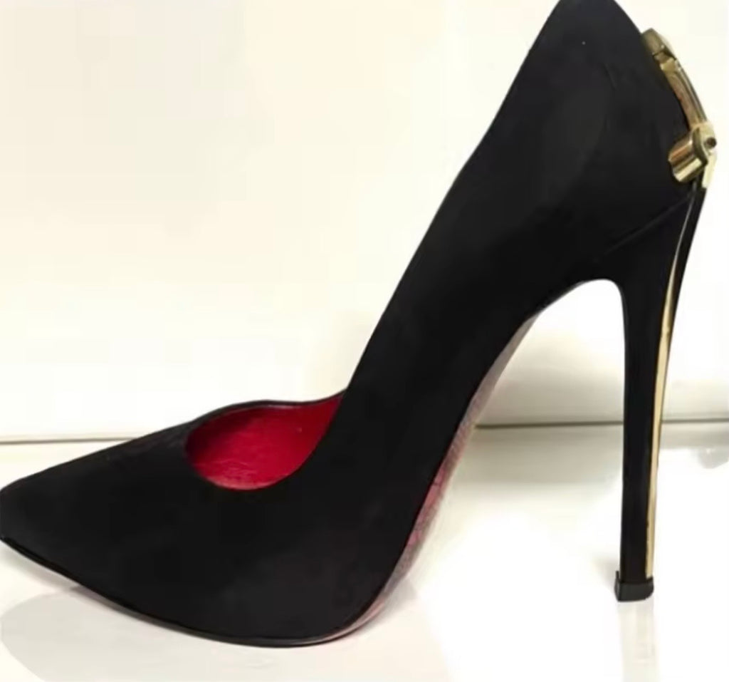 Black Leather Purse and Shoe Set | Gold Accent Boots or Heels, Genuine Leather, Cowhide