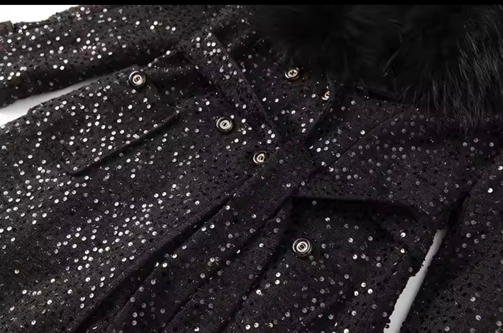 Elegant Sparkly Tweed Long Sequin Trench Belted Evening Overcoat with fur collar