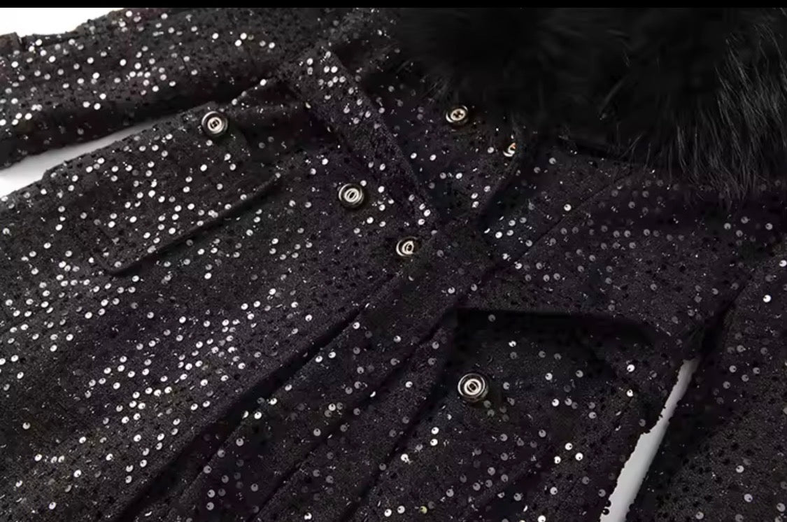 Elegant Sparkly Tweed Long Sequin Trench Belted Evening Overcoat with fur collar