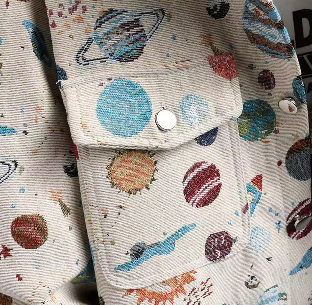 Thick Retro Men's Tapestry Jacket | Vintage Inspired Graffiti and Solar System Streetwear Shacket | Heavyweight Patterned Button-Down Coat