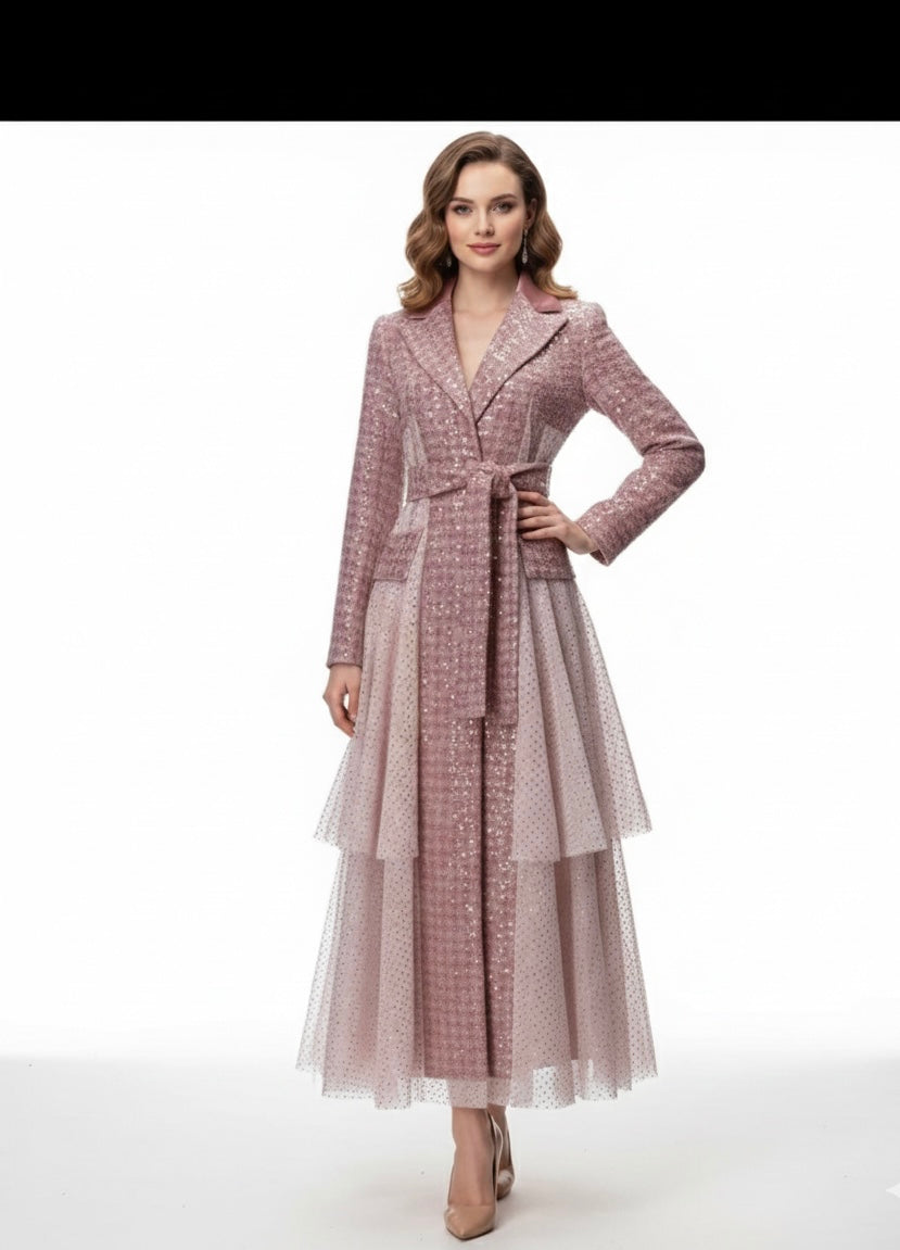 Pink Sequin Tweed trench Coat with Tiered Tulle Hem | Elegant Belted Dress Coat
