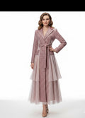 Pink Sequin Tweed trench Coat with Tiered Tulle Hem | Elegant Belted Dress Coat