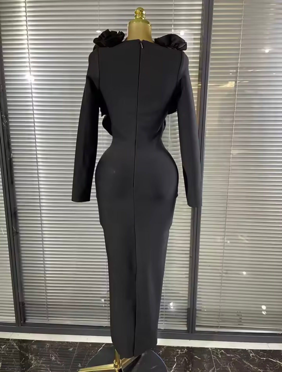 Luxury 3D Rose Floral Accent Long Sleeve Maxi Bandage Dress – Elegant Evening Gown