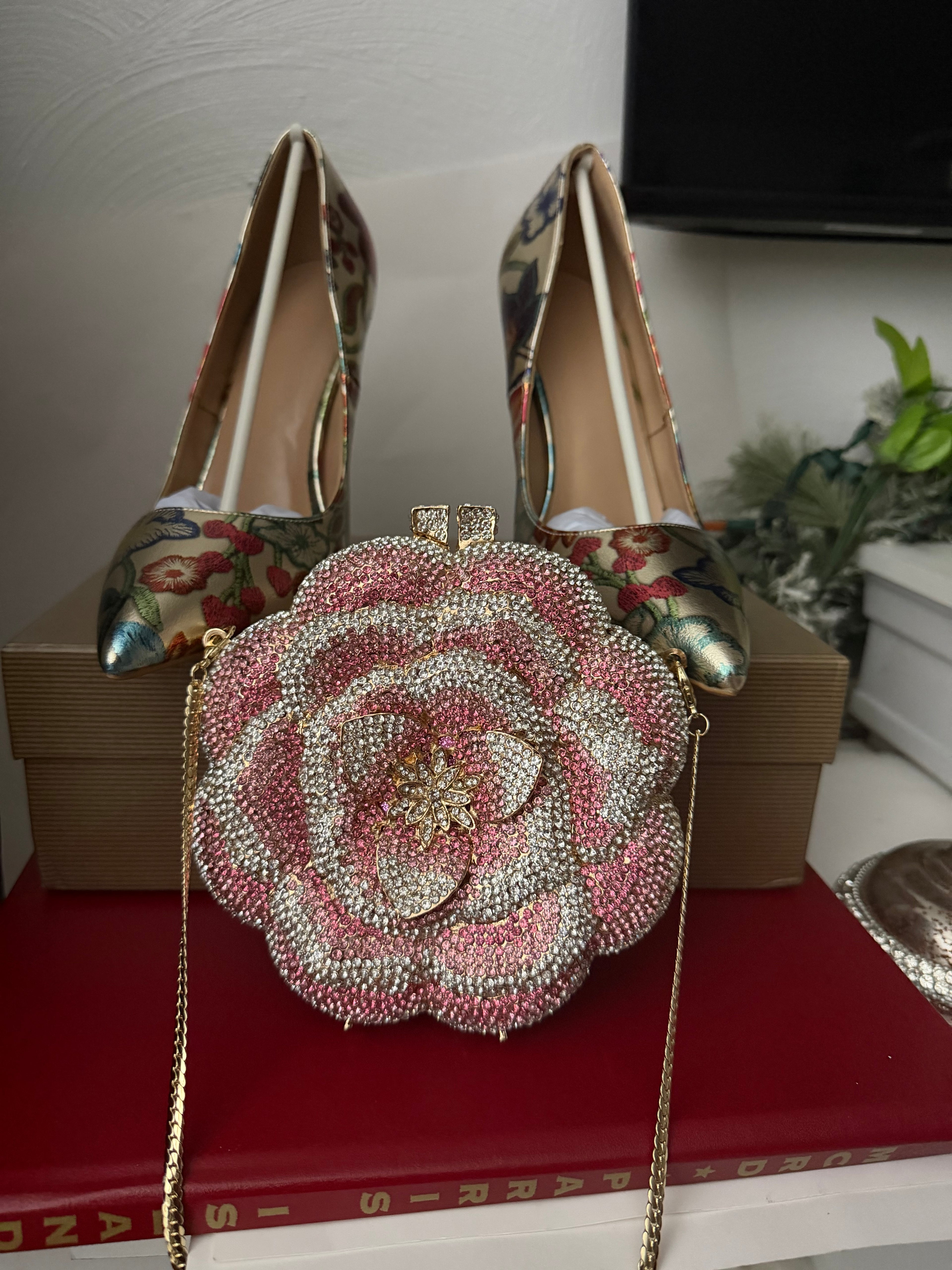 Floral Embroidered Heels and Crystal Clutch Set | Wedding Shoes Matching Bag | Bridal Evening Party Pumps | Luxury Formal Occasion Set