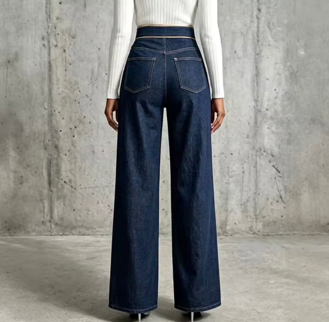 High Waisted Denim Collection - Gold Trim Wide Leg Pants & Asymmetric Midi Skirt with Buckle & Grommet Detail