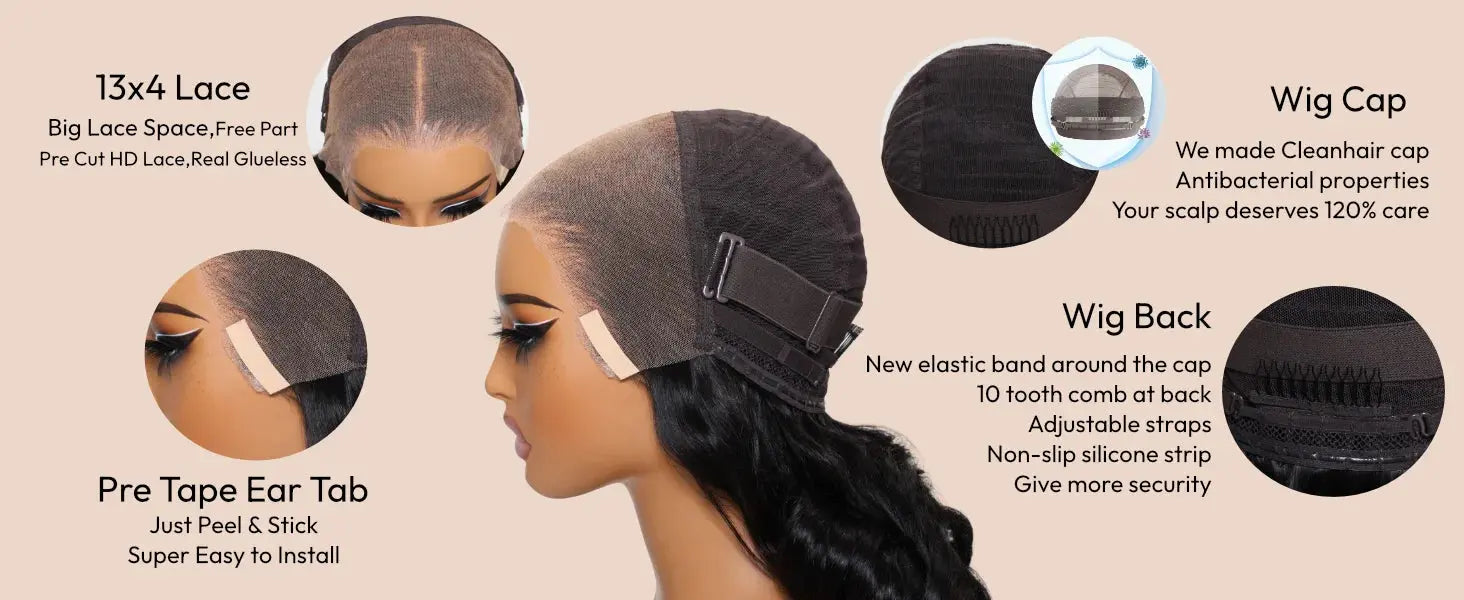 UNice Hair Drawstring Cap 13x4 Human Hair Lace Frontal Wig With Bangs FB30 Balayage Body Wave Wig Pre Everything Glueless Wigs JNi3 shop